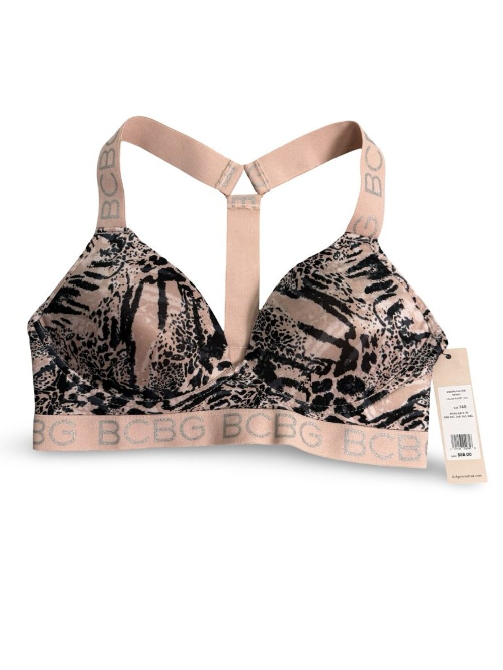 BCBGeneration Racerback Strappy Bralette Women 34B Tan Black Animal Print Bra